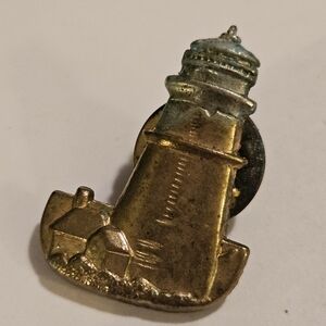 Vintage Gold Toned Metal LightHouse Lapel Pin Distressed